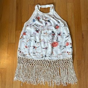 Anthropologie embroidered & fringe halter 0p